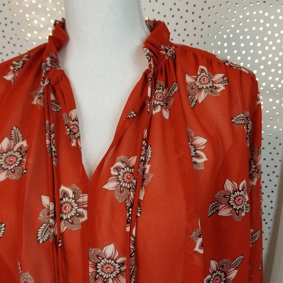 Loft Orange Floral Tie Neck Blouse | Size Small - Picture 2 of 7